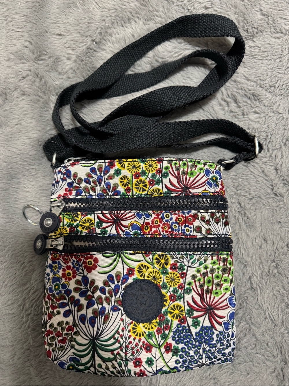 Kipling White Floral Multi-Color Crossbody with Black Strap
